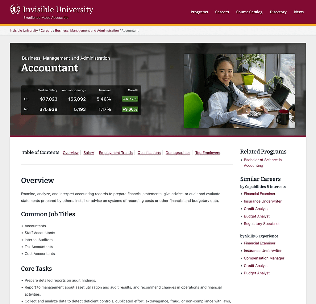 A career profile page showing quick stats about job growth and salary and links to more.