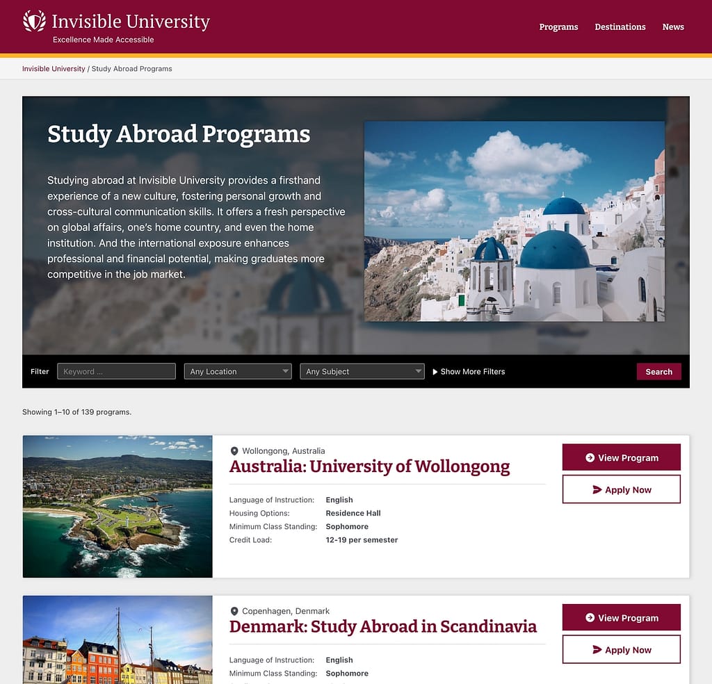 a study abroad programs search page with filter options and a couple of program listings visible