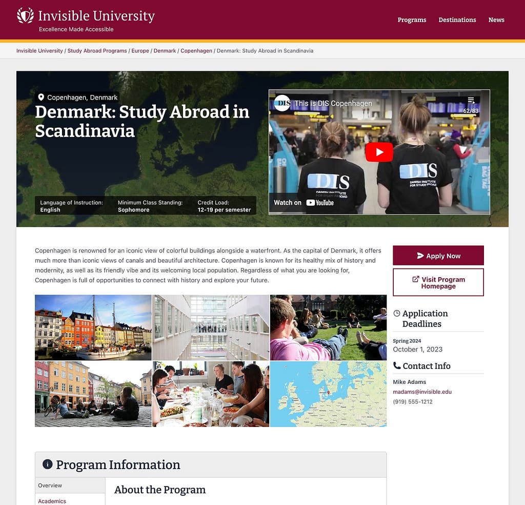 a Denmark study abroad program profile page with a featured video and image gallery